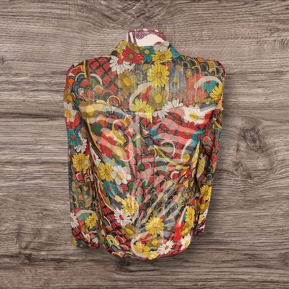 Alice & Olivia Silk Blend Boho Floral Metallic Button Up Collared Top Size XS - Picture 2 of 6